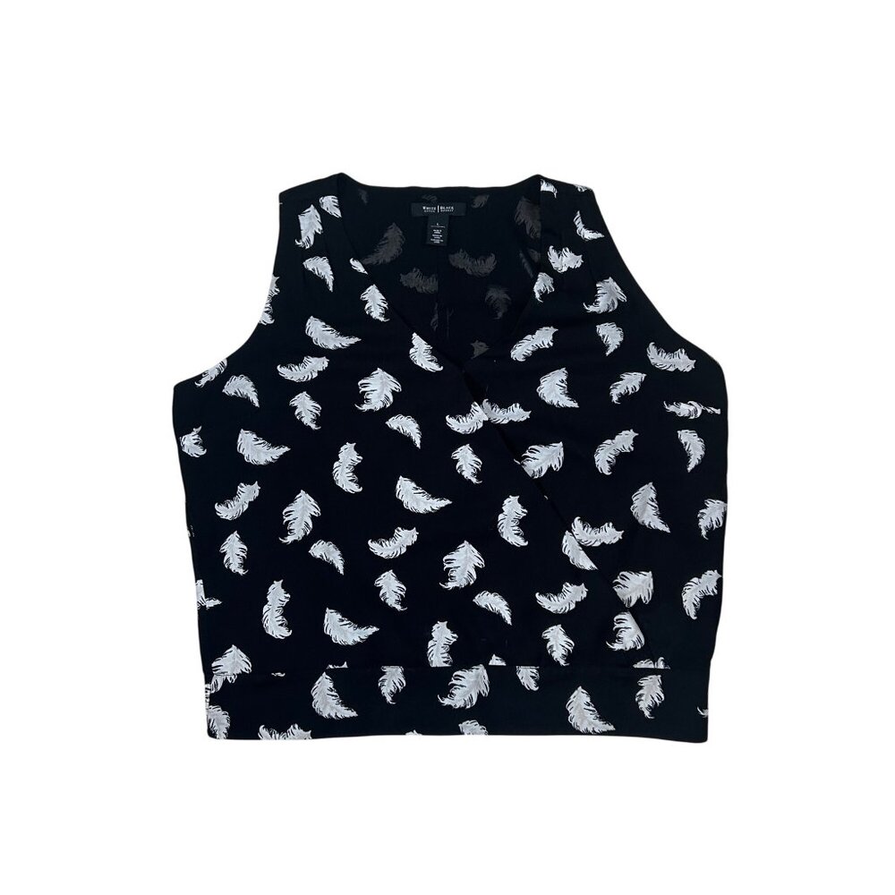 White House Black Market Womens Feather Print Black Sleeveless Top Size L 1868